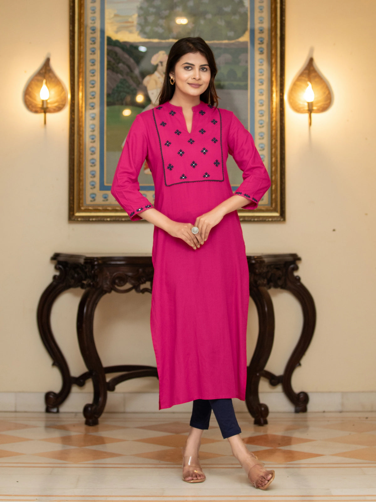 Lace & Mirror Embroidered Straight Kurti