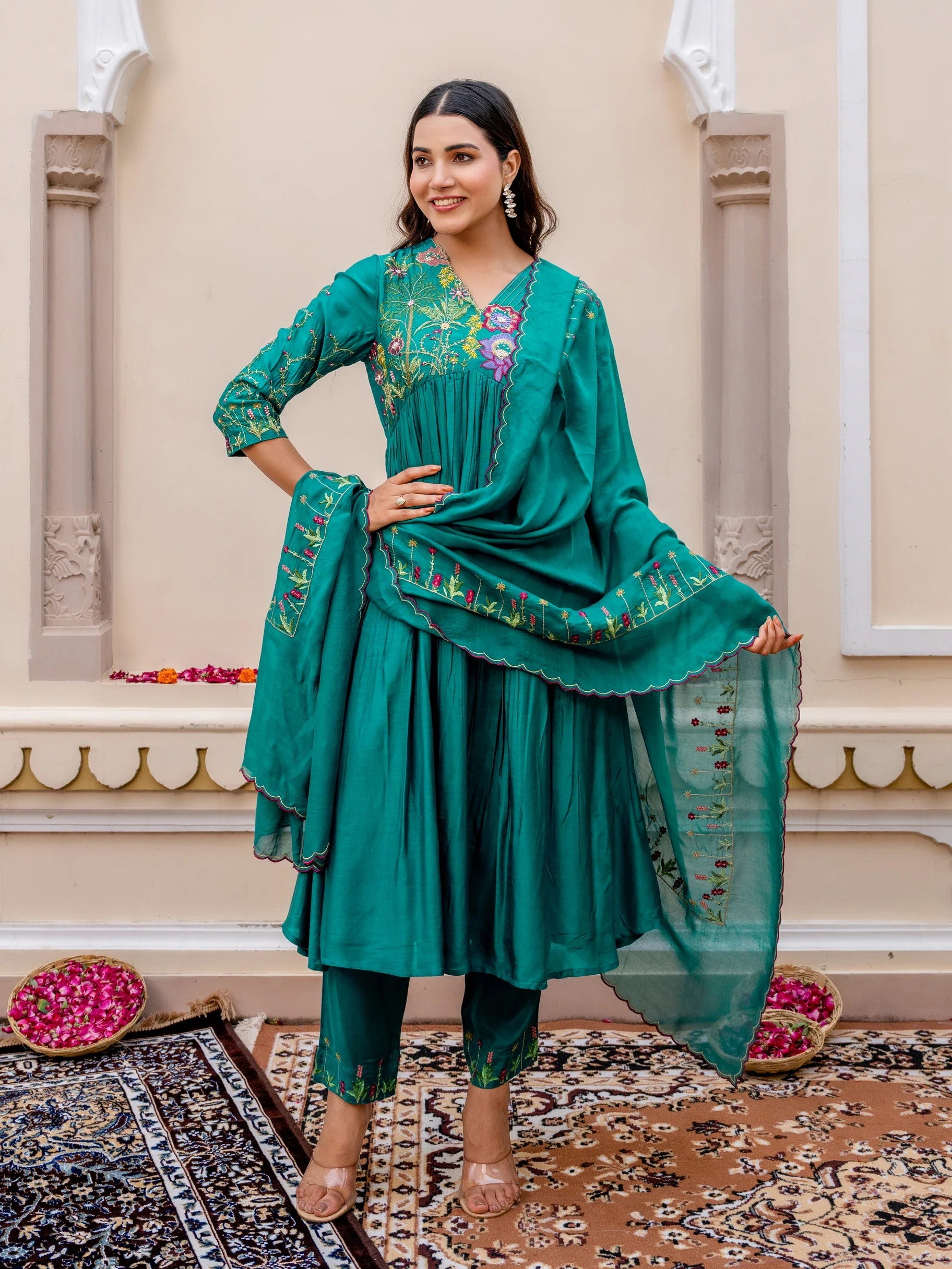 Women Rama Green muslin-silk-fusion-wear-3pc-alia-cut-set