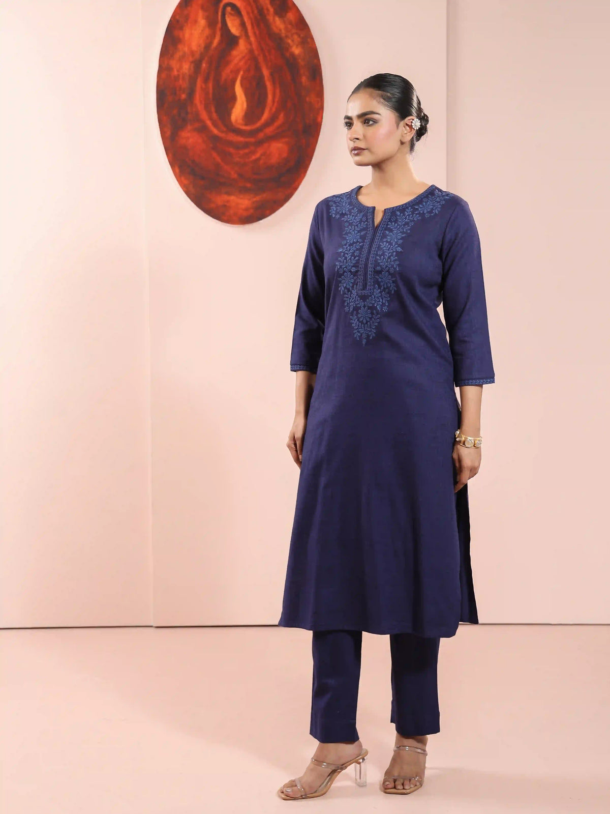 LINEN BLEND CHIKANKARI EMBROIDERY 2PC KURTA SET