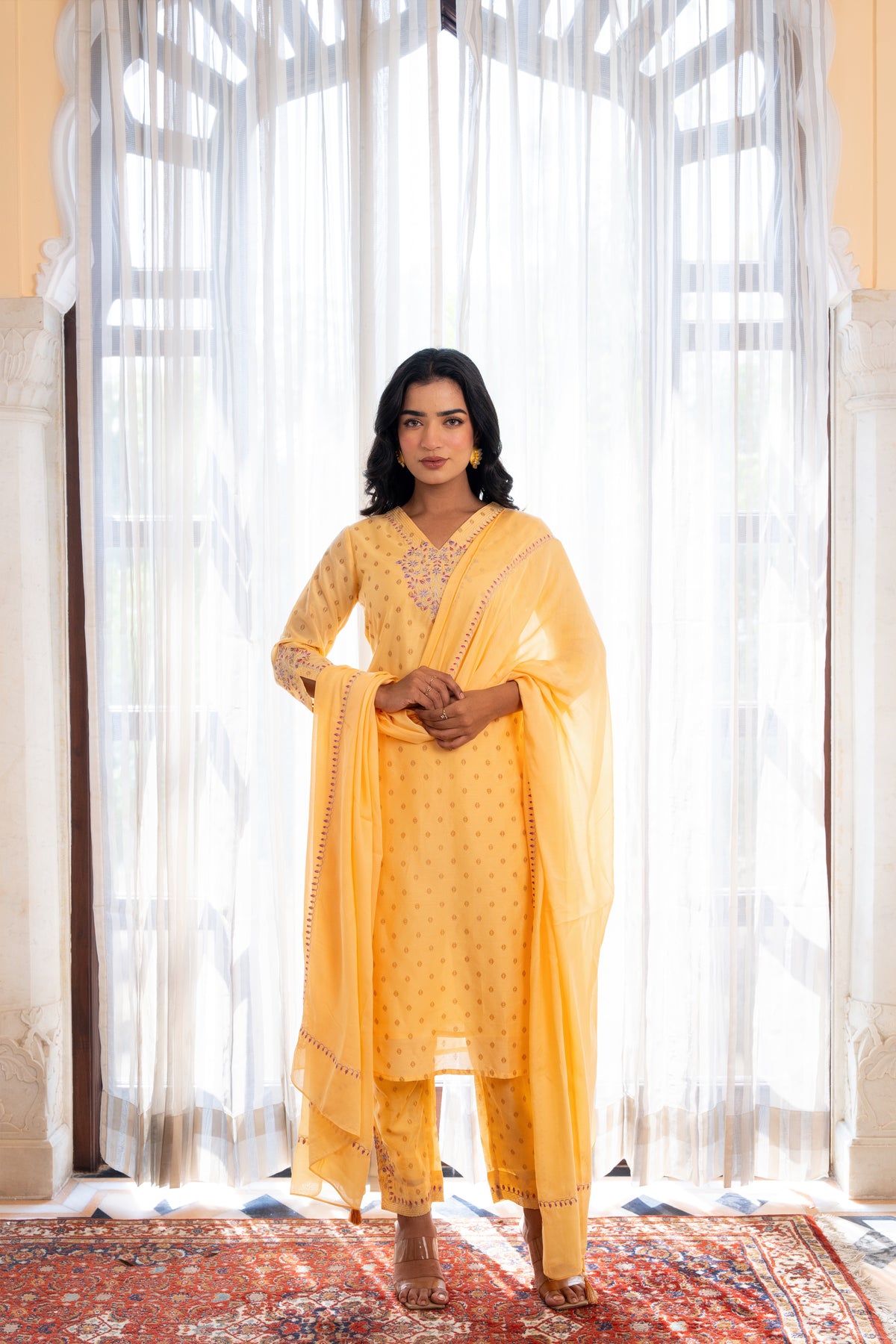 CHANDERI 3PC KURTA PANT SET WITH DELICATE EMBROIDERY DETAILS