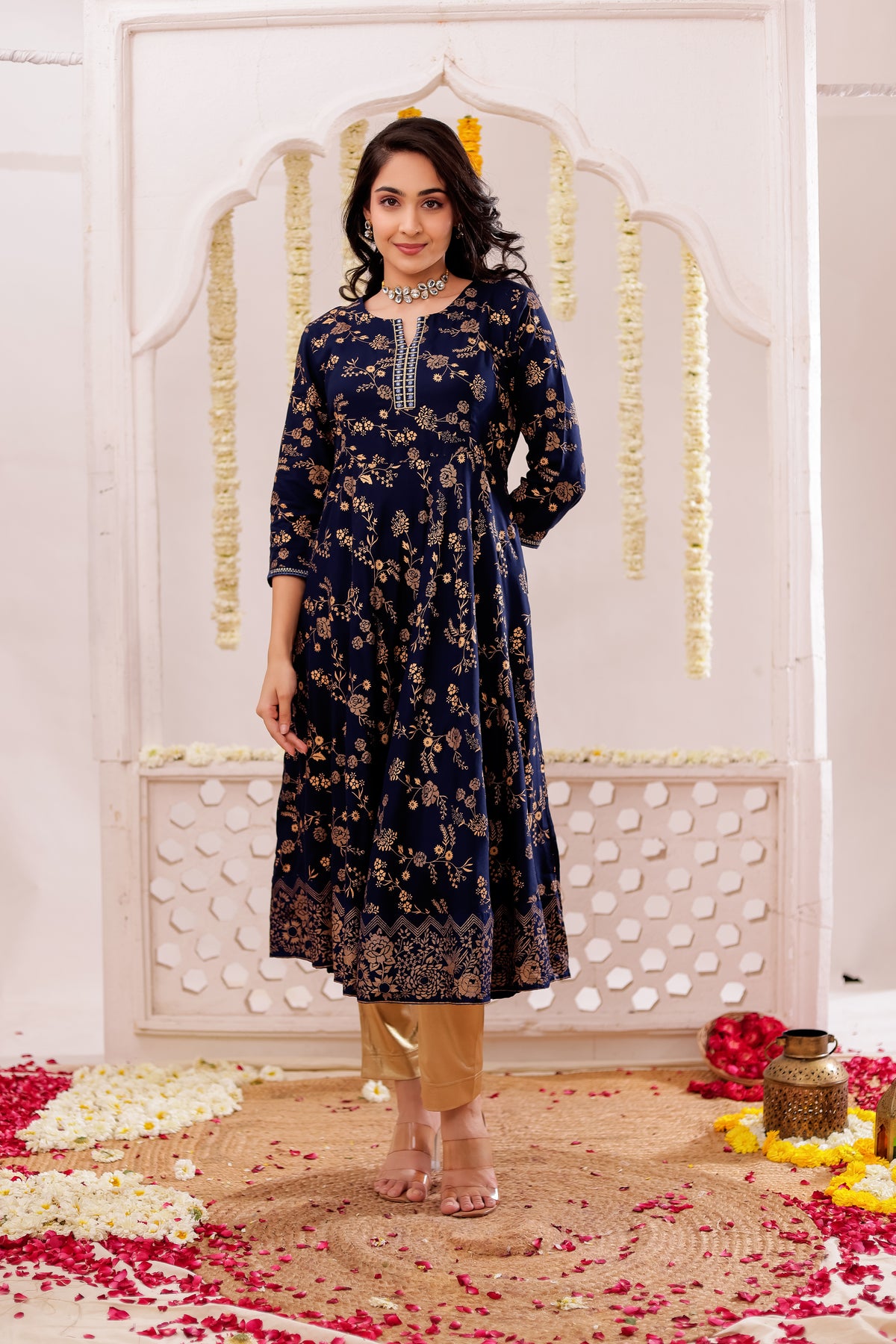 GOLD PRINTED FLAIRED DRESS WITH MIRROR EMBROIDERY DETAILS