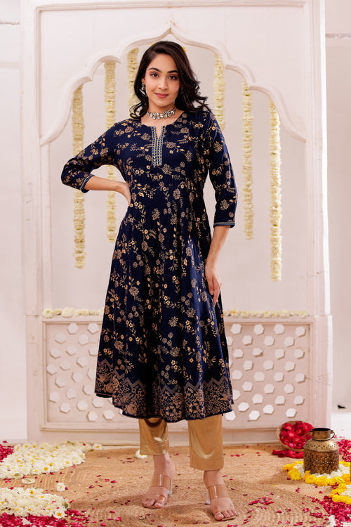 GOLD PRINTED FLAIRED DRESS WITH MIRROR EMBROIDERY DETAILS