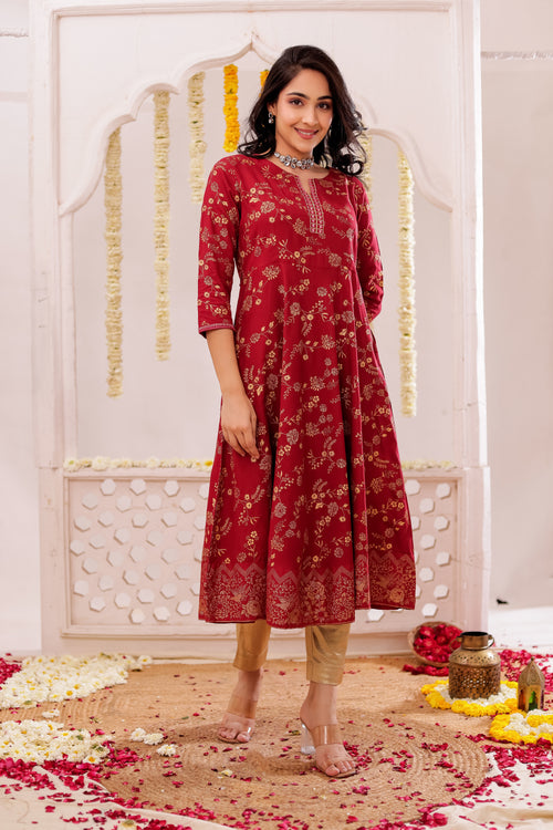 GOLD PRINTED FLAIRED DRESS WITH MIRROR EMBROIDERY DETAILS