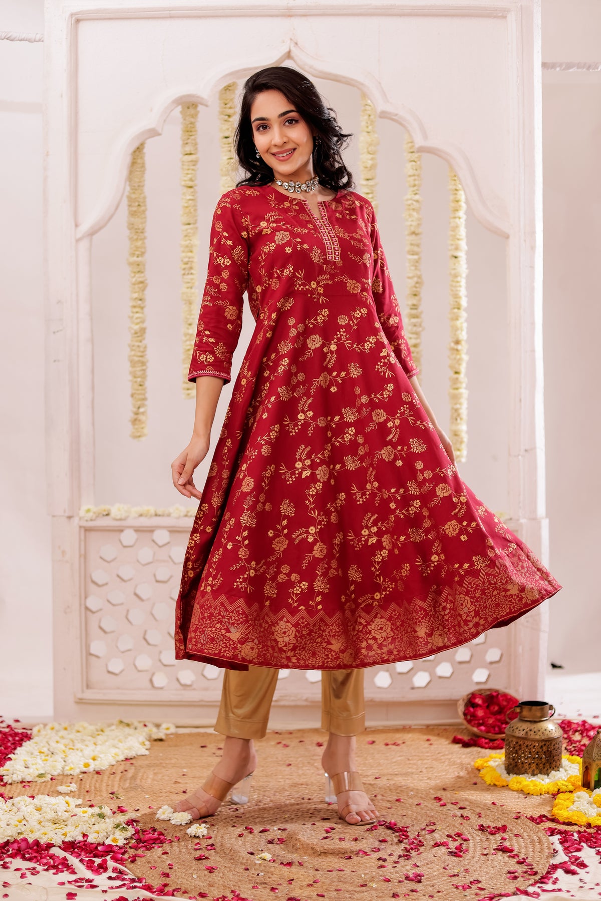 GOLD PRINTED FLAIRED DRESS WITH MIRROR EMBROIDERY DETAILS