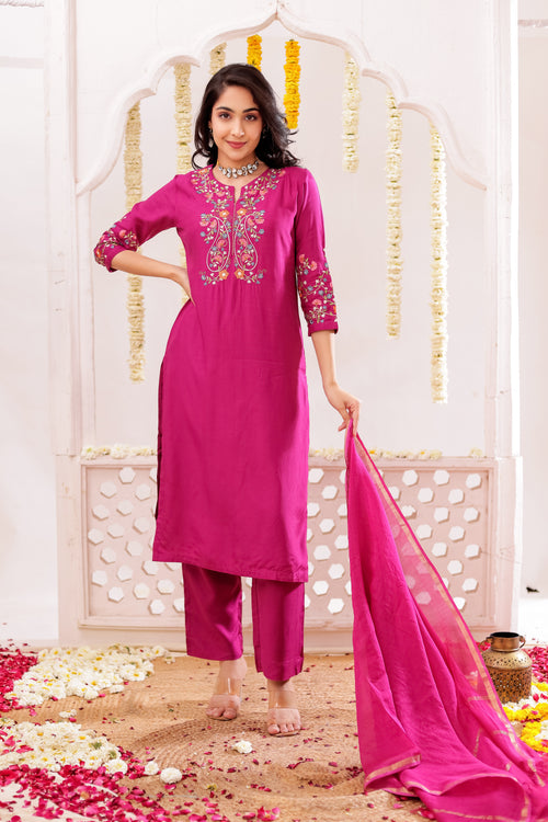 Muslin Silk 3PCS Kurta Pant Set with Embroidery
