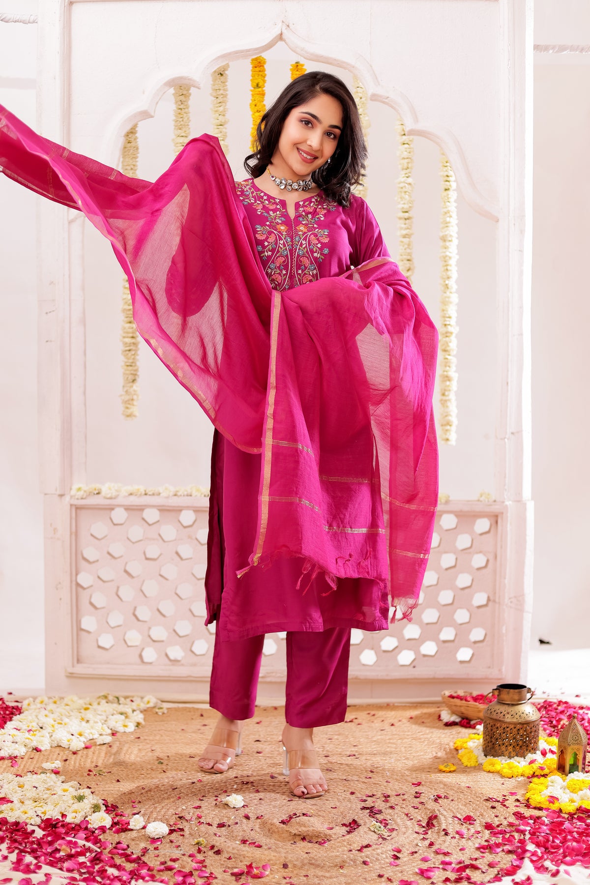 Muslin Silk 3PCS Kurta Pant Set with Embroidery