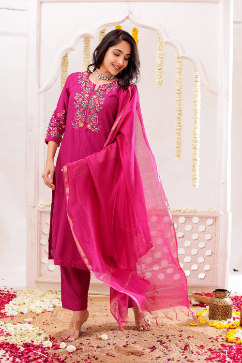 Muslin Silk 3PCS Kurta Pant Set with Embroidery