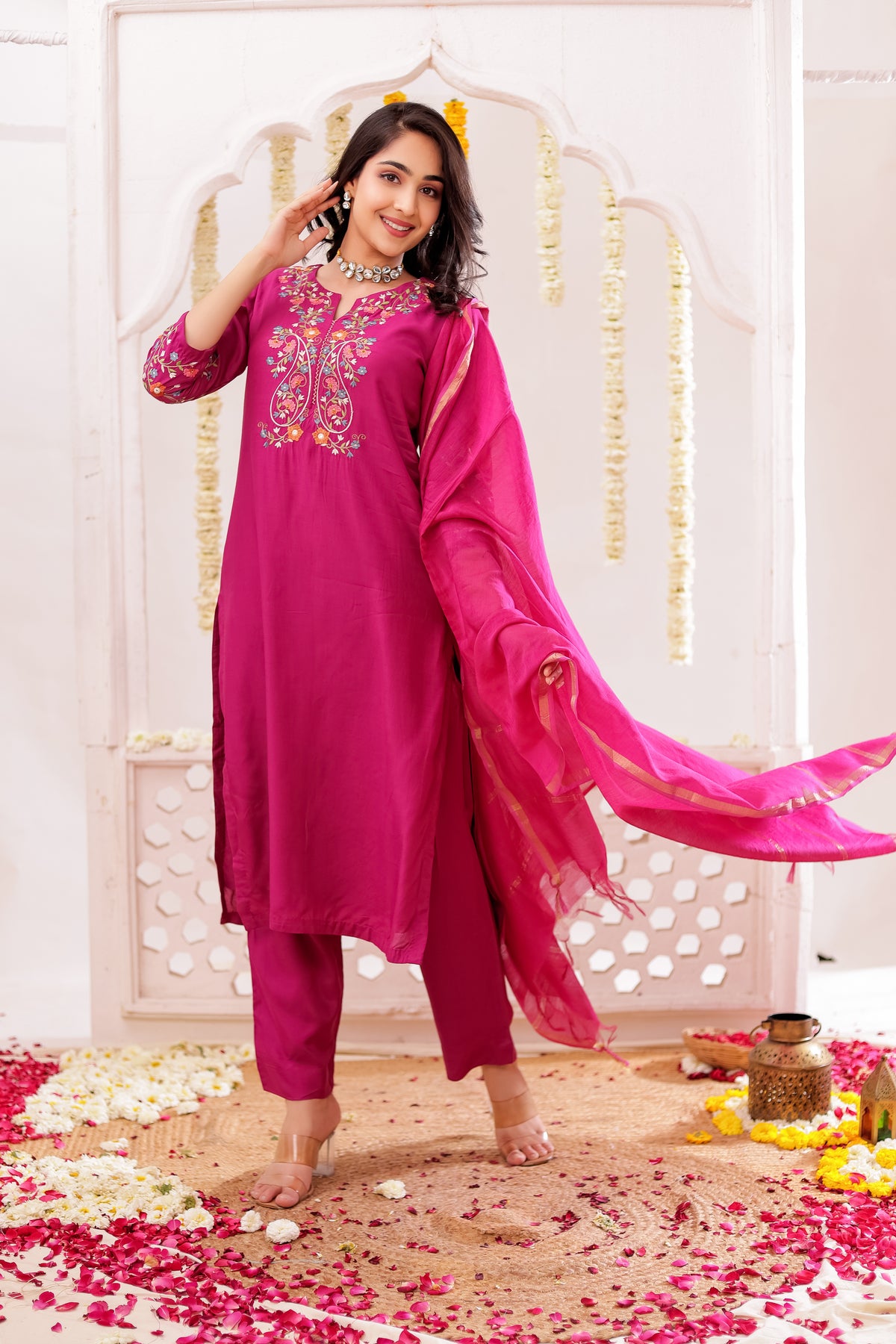 Muslin Silk 3PCS Kurta Pant Set with Embroidery