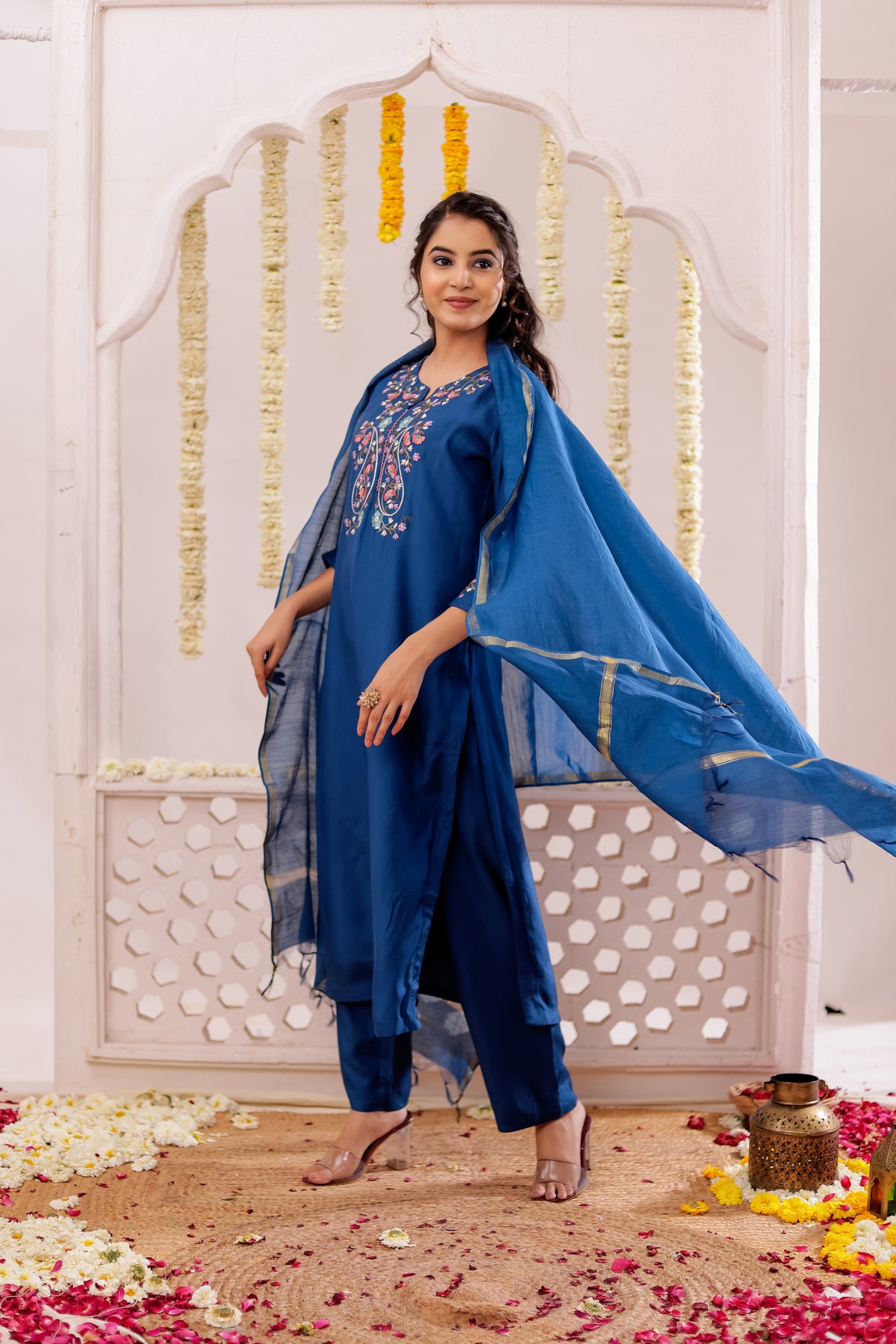 Muslin Silk 3PCS Kurta Pant Set with Embroidery
