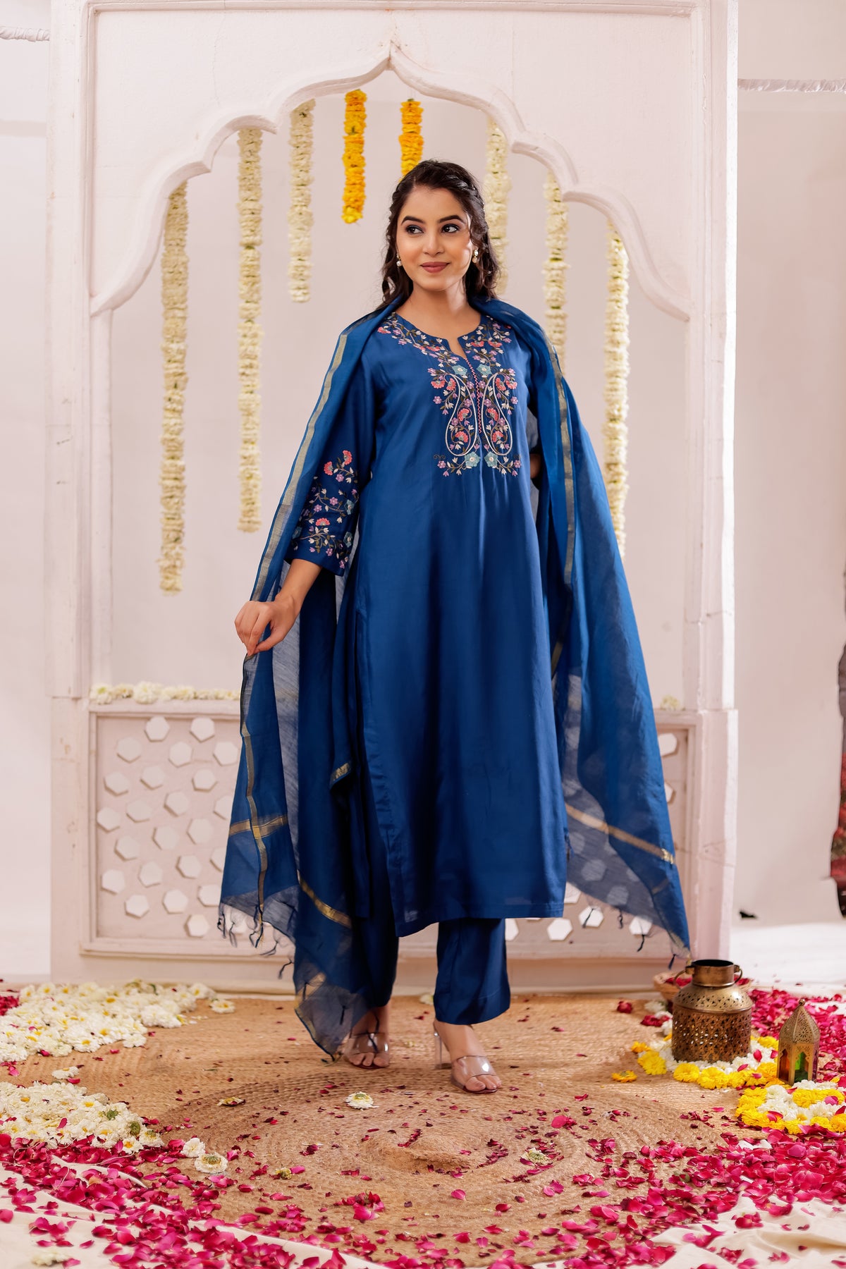 Muslin Silk 3PCS Kurta Pant Set with Embroidery