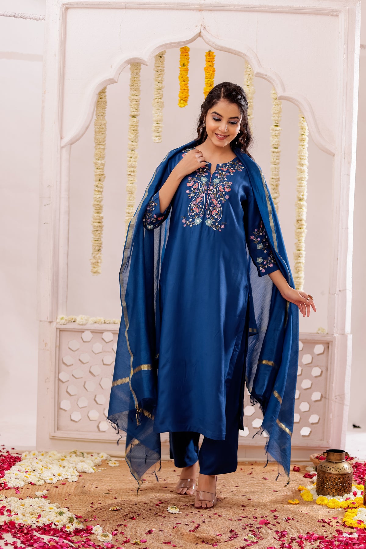 Muslin Silk 3PCS Kurta Pant Set with Embroidery