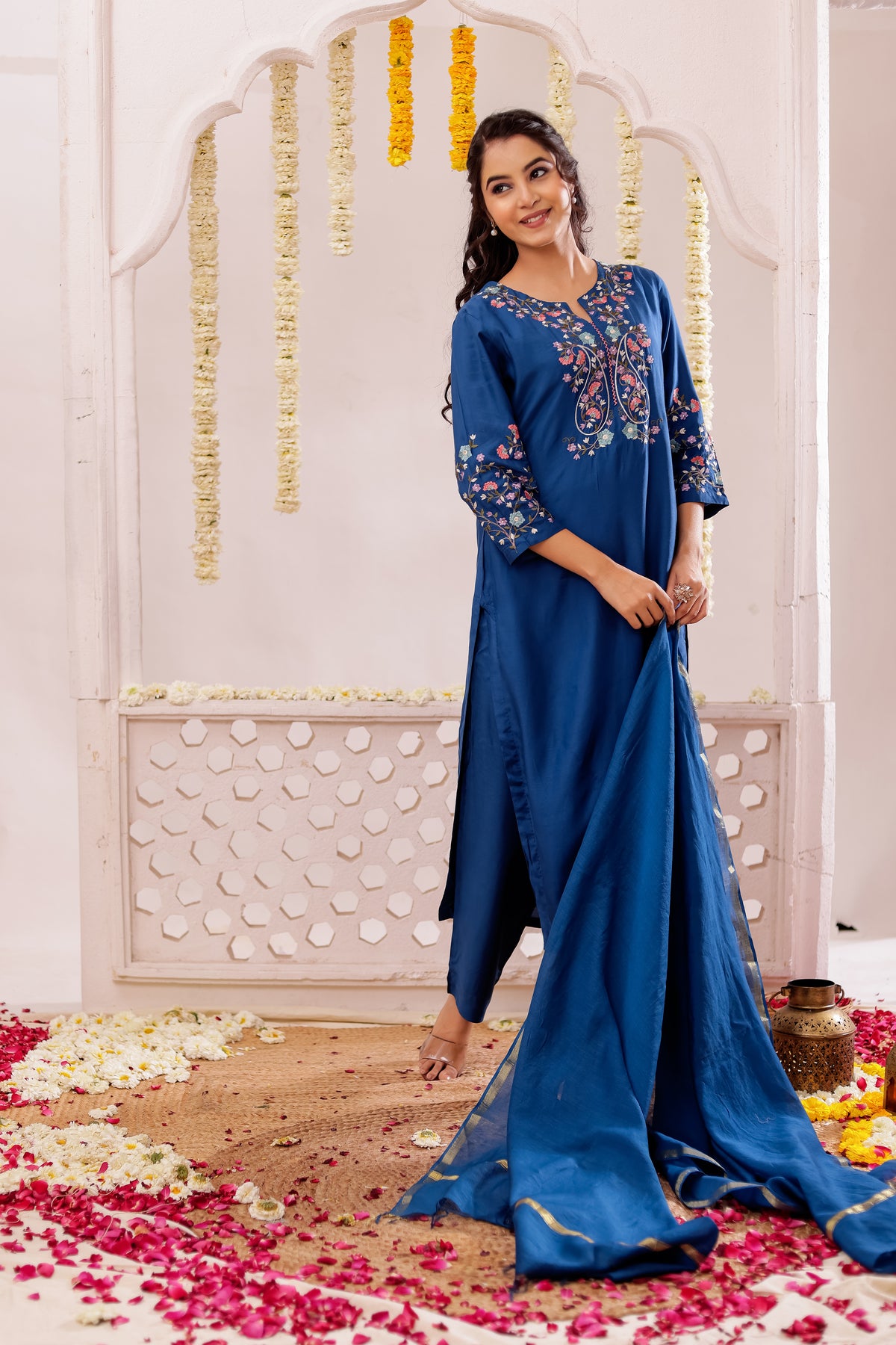 Muslin Silk 3PCS Kurta Pant Set with Embroidery