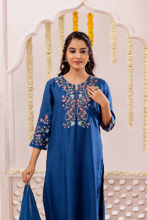 Muslin Silk 3PCS Kurta Pant Set with Embroidery