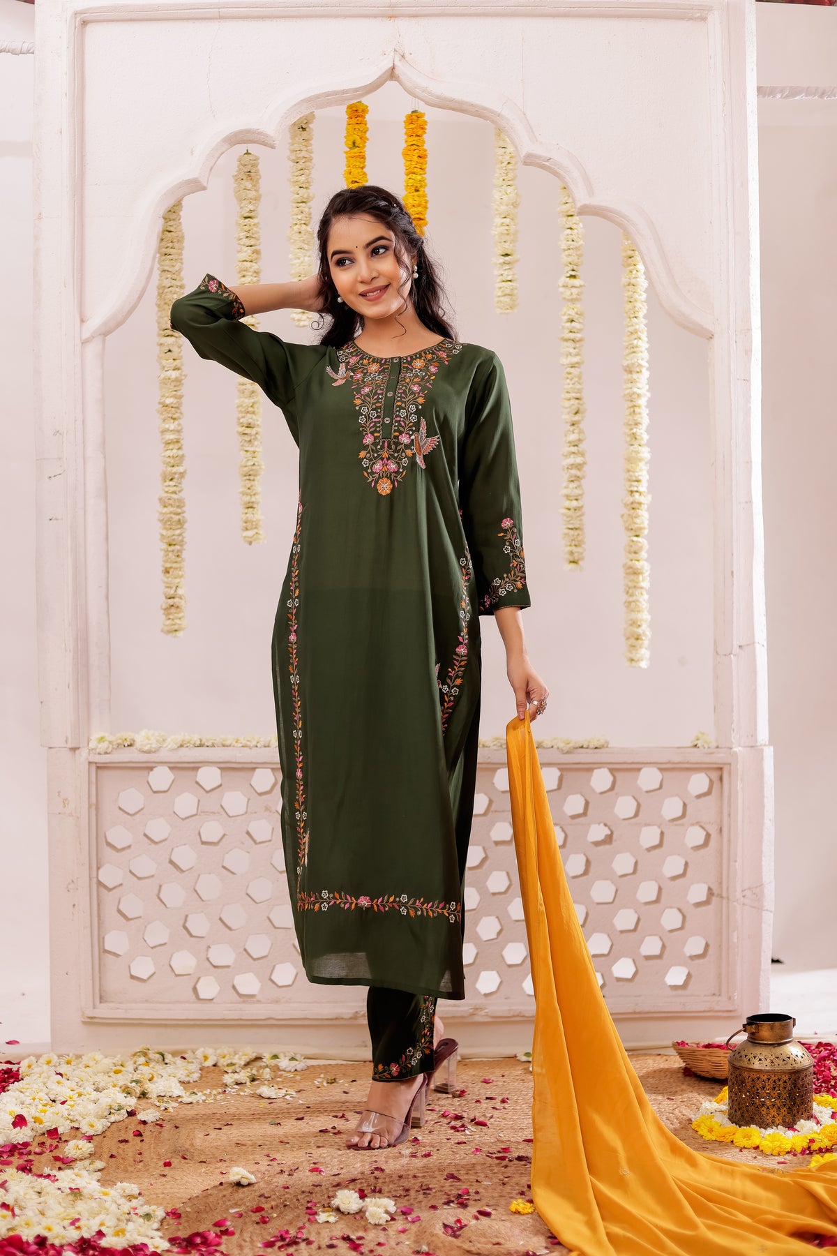 SILK BASE BEAUTIFUL EMBROIDERY 3PC KURTA SET WITH SEQUENCE DETAILS