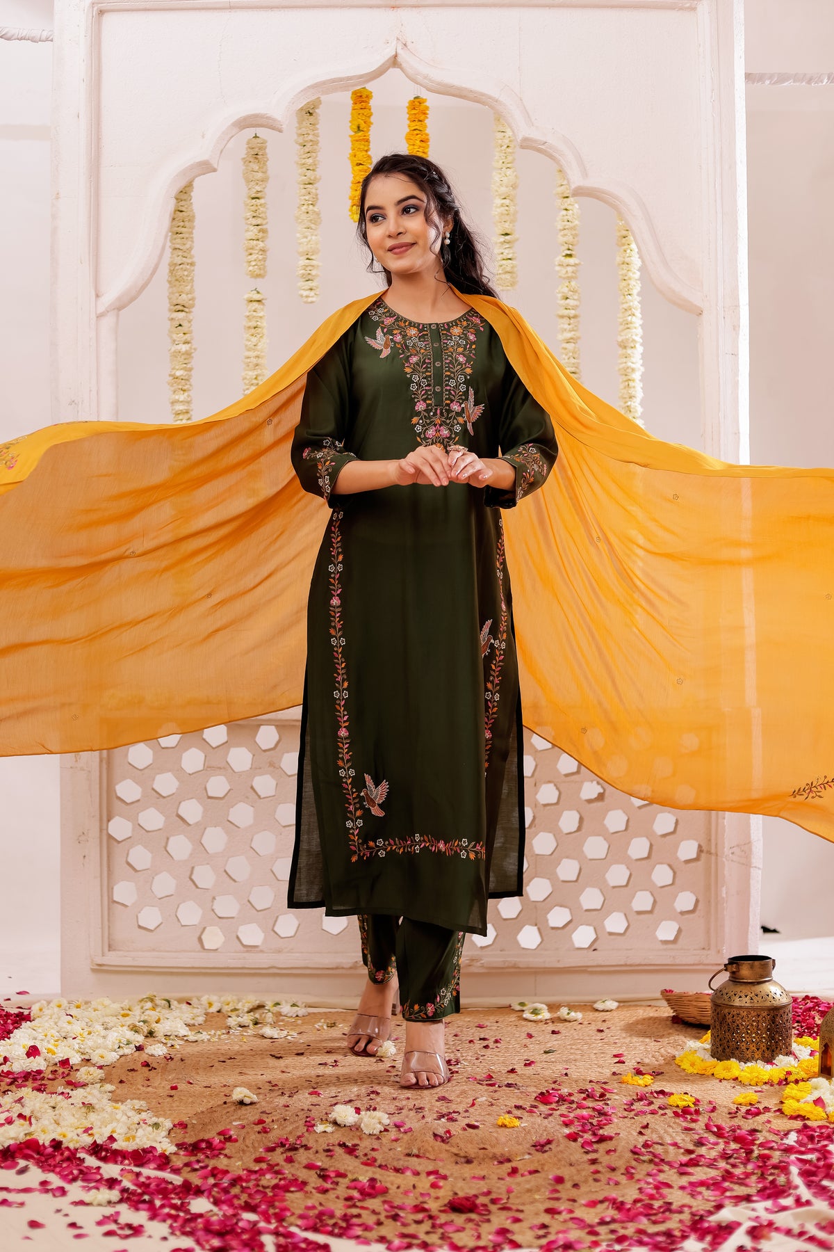 SILK BASE BEAUTIFUL EMBROIDERY 3PC KURTA SET WITH SEQUENCE DETAILS