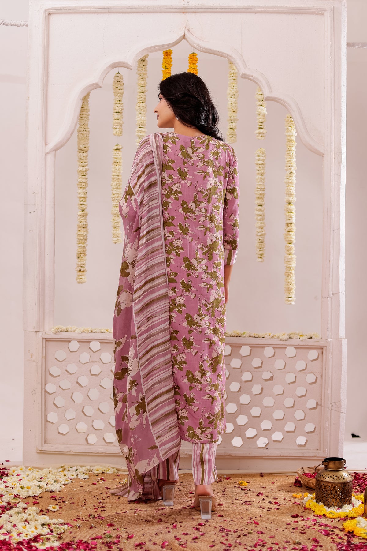 FLORAL PRINTED 3PC FLARED KURTA SET EMBELLISHED WITH HAND CRAFT DETAILS