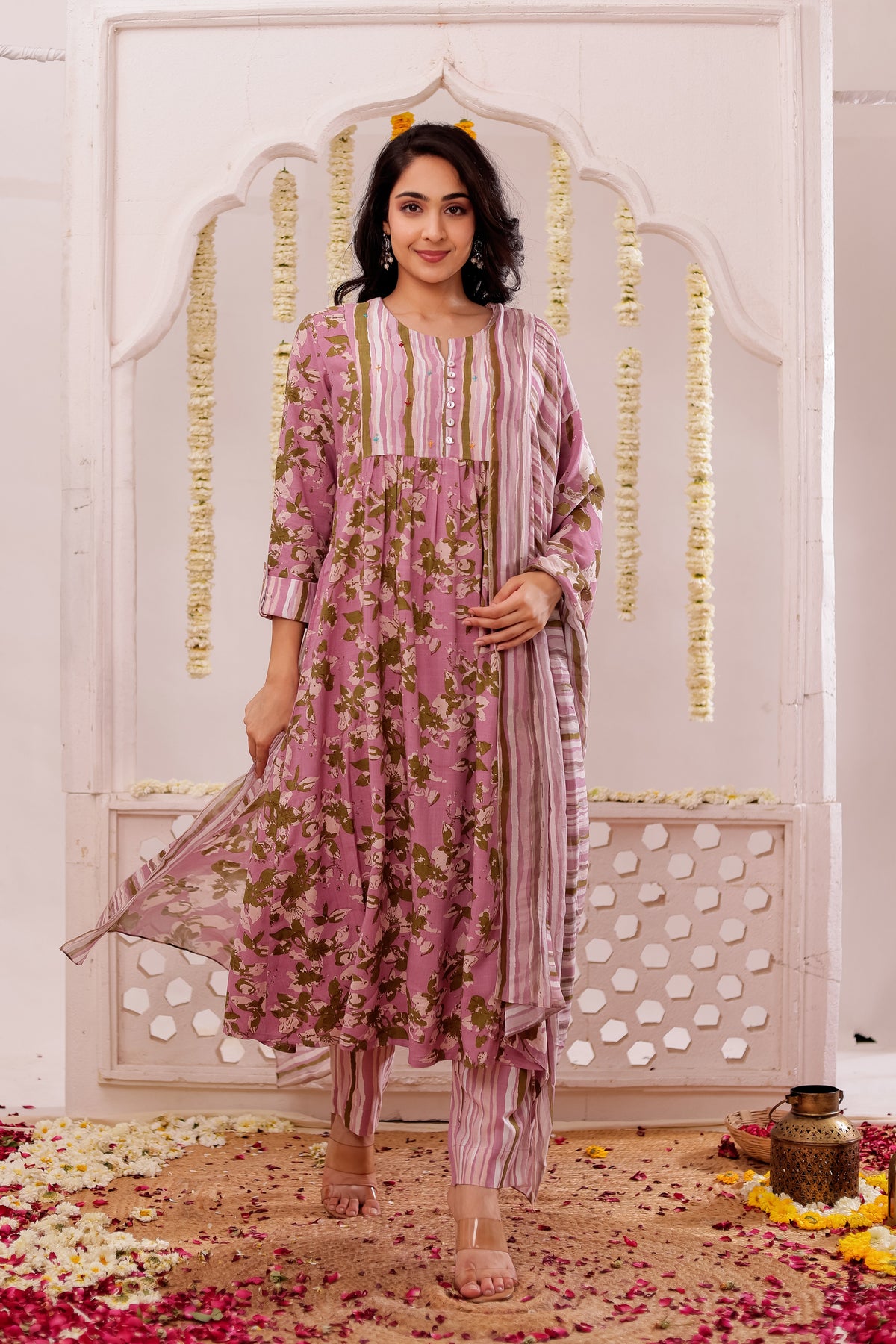 Women Almond Color floral-printed-3pc-flared-kurta-set-embellished-with-hand-craft-details