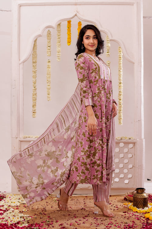 FLORAL PRINTED 3PC FLARED KURTA SET EMBELLISHED WITH HAND CRAFT DETAILS
