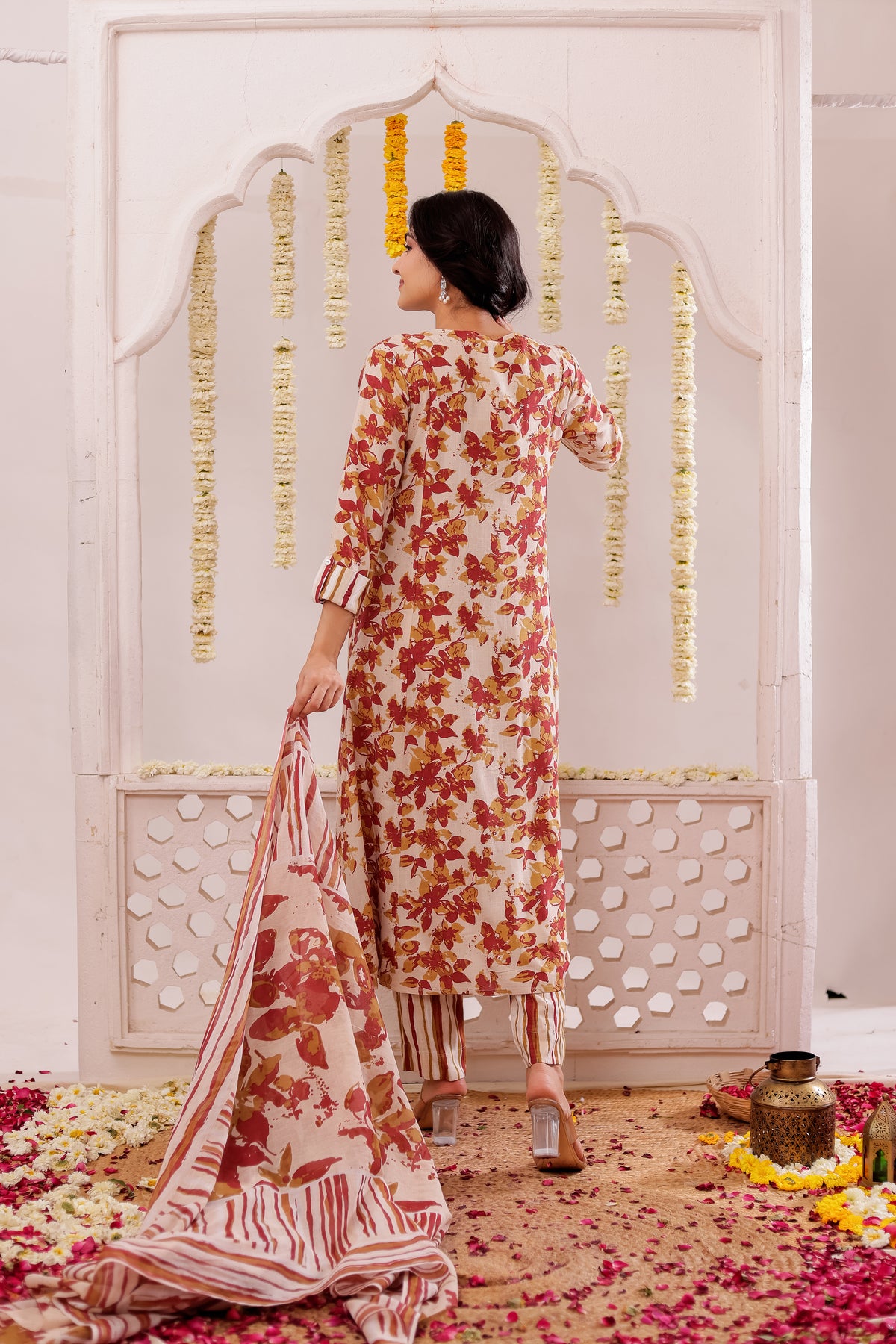 FLORAL PRINTED 3PC FLARED KURTA SET EMBELLISHED WITH HAND CRAFT DETAILS