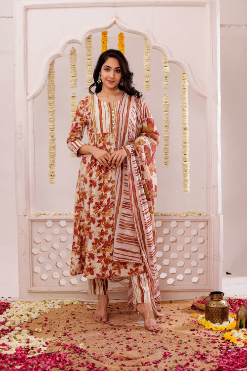 FLORAL PRINTED 3PC FLARED KURTA SET EMBELLISHED WITH HAND CRAFT DETAILS