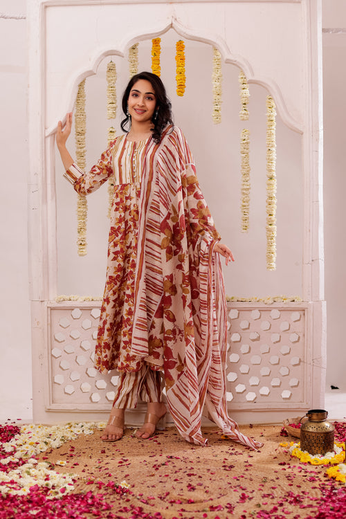FLORAL PRINTED 3PC FLARED KURTA SET EMBELLISHED WITH HAND CRAFT DETAILS