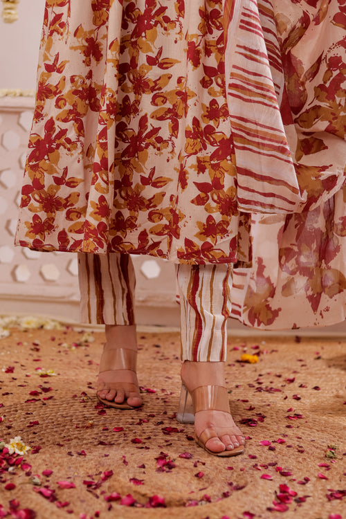 FLORAL PRINTED 3PC FLARED KURTA SET EMBELLISHED WITH HAND CRAFT DETAILS