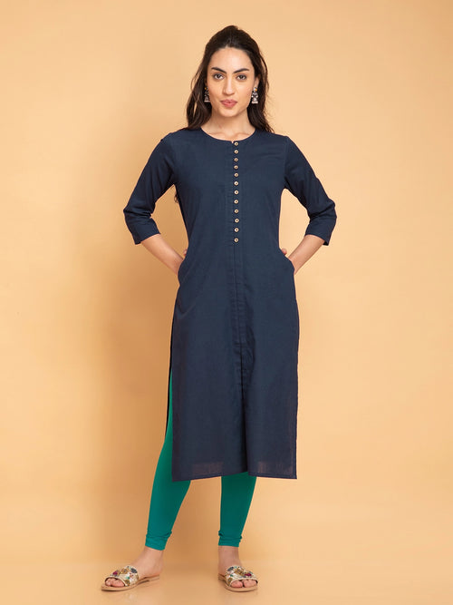 Linen Blend Long Kurti with Metal Buttons