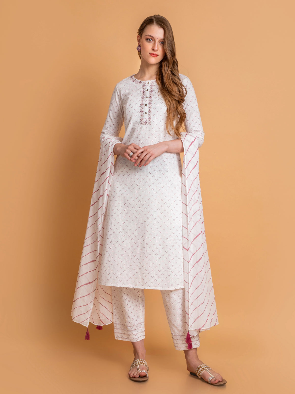 PARTY WEAR EMBROIDERED KURTA SET PAIRED WITH LEHARIYA DUPATTA