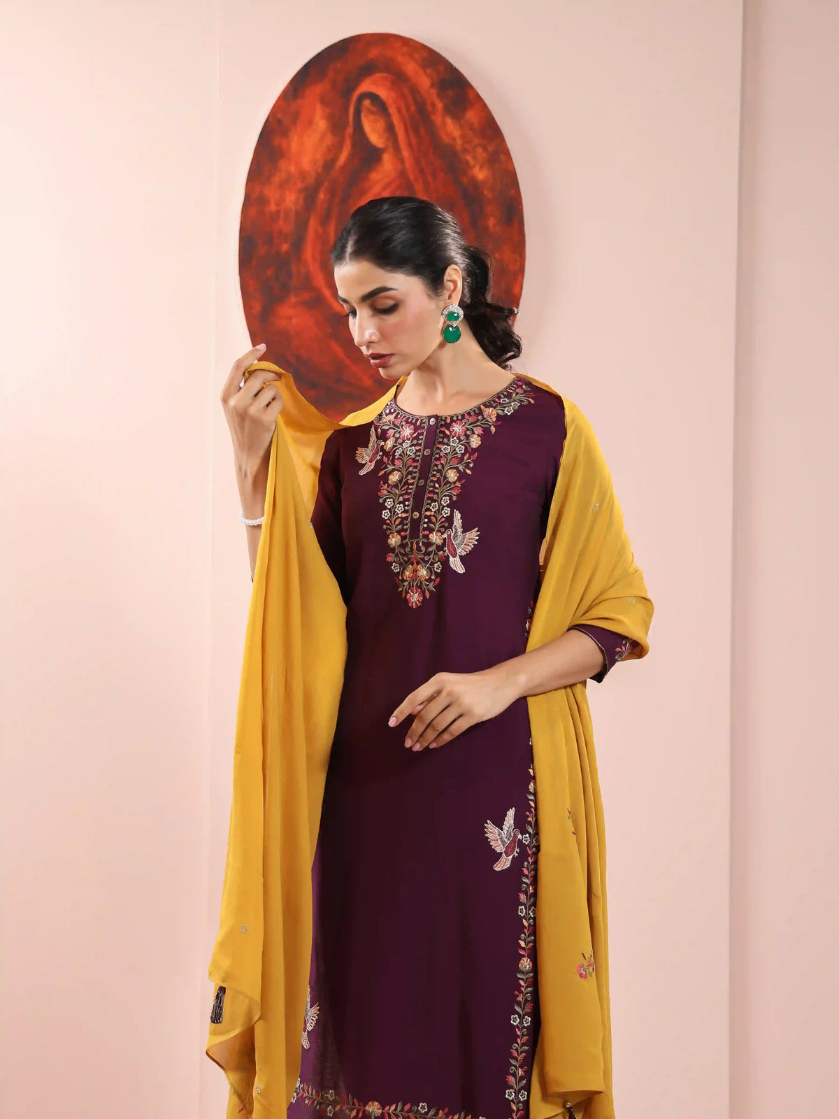 Women Wine Color silk-base-beautiful-embroidery-3pc-kurta-set-with-sequence-details