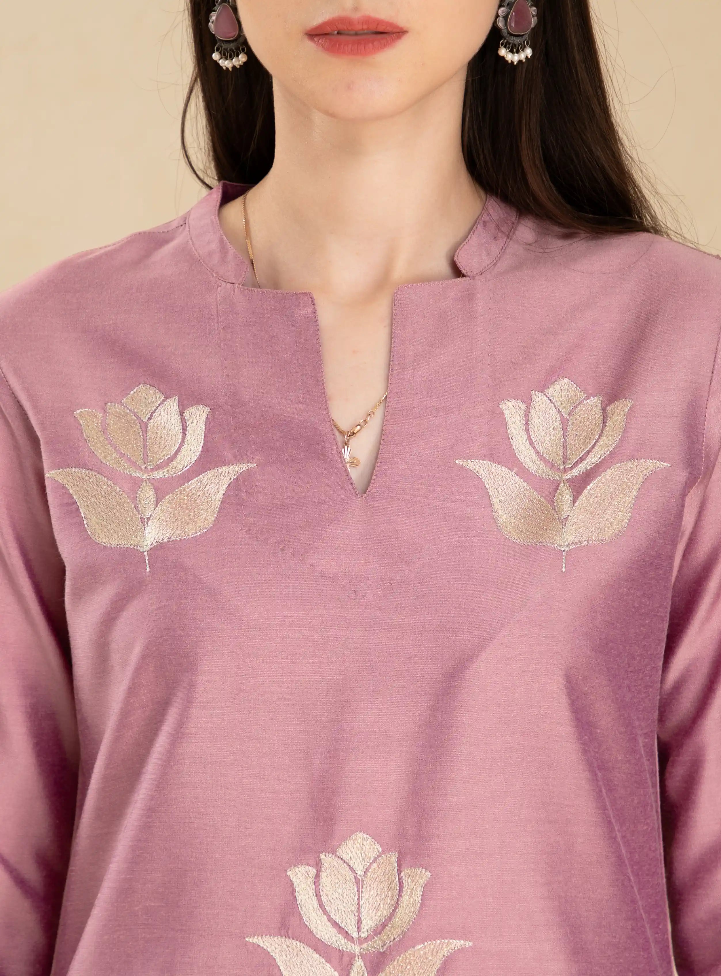 Women Brandied-Apricot silk-base-2pc-kurta-set-with-embroidery-details