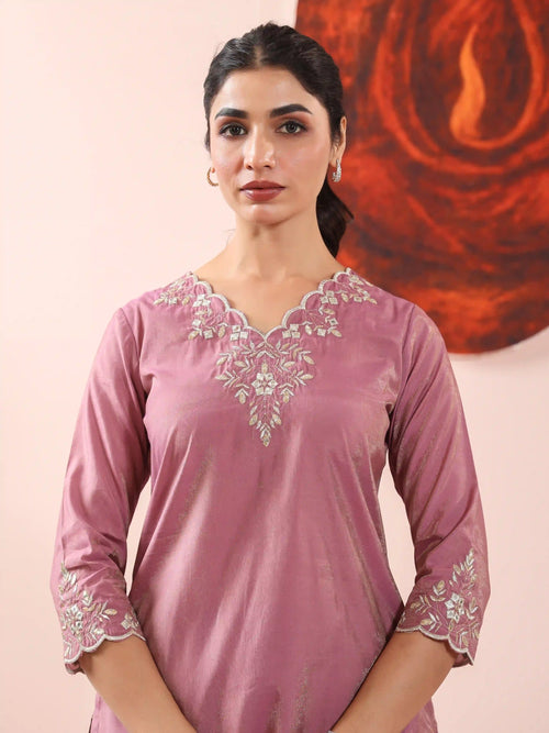3PC SHIMMER KURTA PANT SET DETAILED WITH GOTA EMBROIDERY