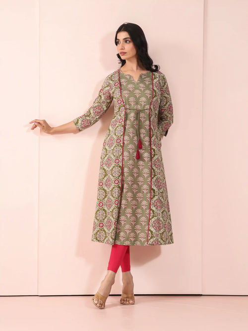 MUL COTTON AJRAK PRINTED SHRUG LOOK KURTI EMBELLISHED WITH ADDA WORK CRAFT