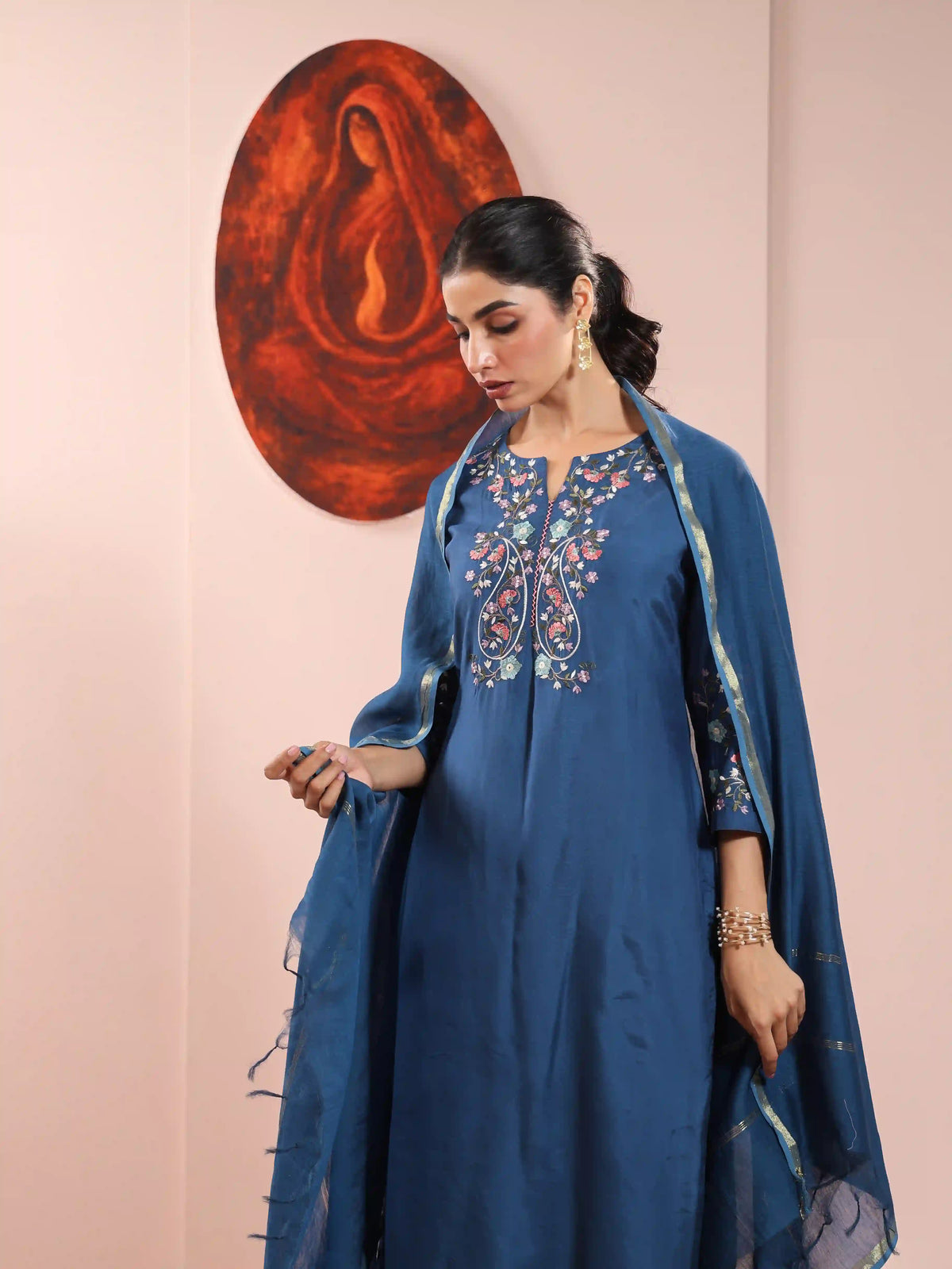 Muslin Silk 3PCS Kurta Pant Set with Embroidery