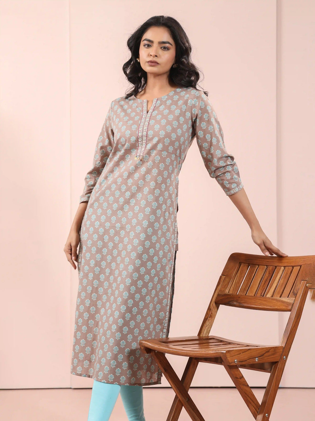 MUL COTTON BAGRU PRINTED KURTI EMBELLISHED WITH HAND CRAFT DETAILS