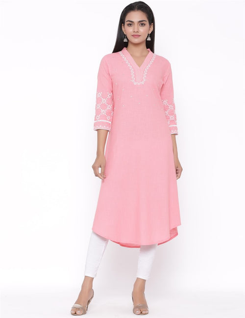 COTTON EMBROIDERED FLARED LONG KURTA