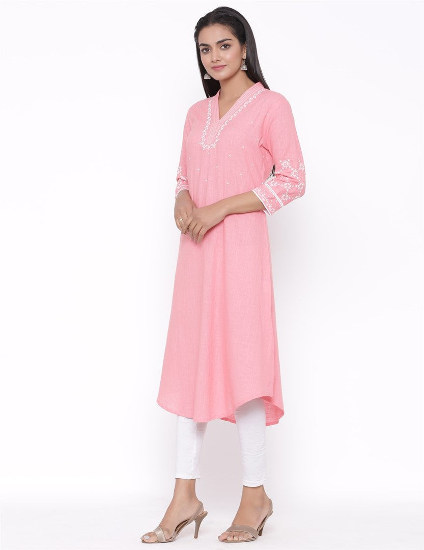 COTTON EMBROIDERED FLARED LONG KURTA