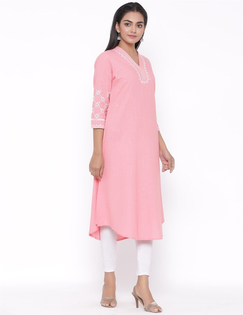 COTTON EMBROIDERED FLARED LONG KURTA