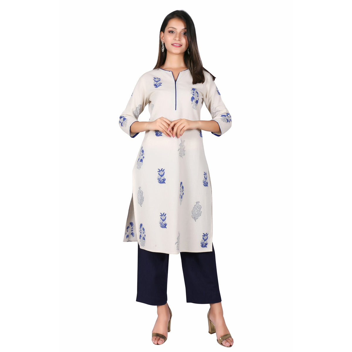 SUTI WOMEN COTTON LINEN HANDBLOCK PRINTED STRAIGHT KURTI