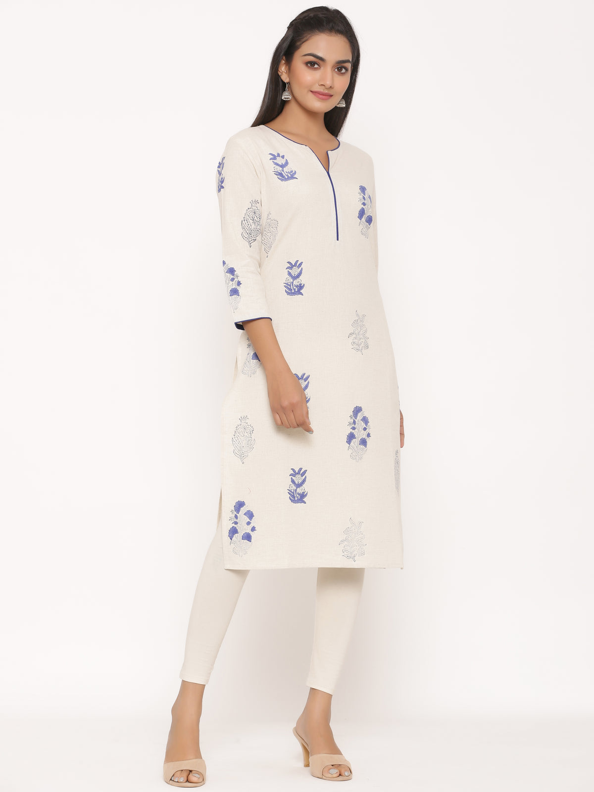 SUTI WOMEN COTTON LINEN HANDBLOCK PRINTED STRAIGHT KURTI