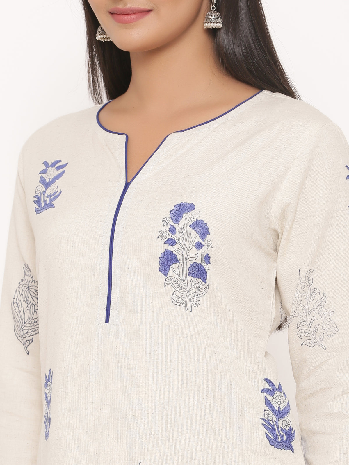 SUTI WOMEN COTTON LINEN HANDBLOCK PRINTED STRAIGHT KURTI