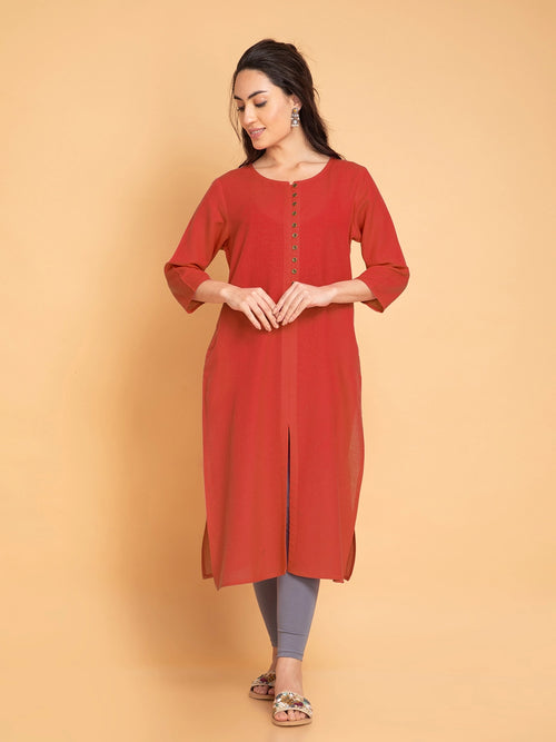 Linen Blend Long Kurti with Metal Buttons