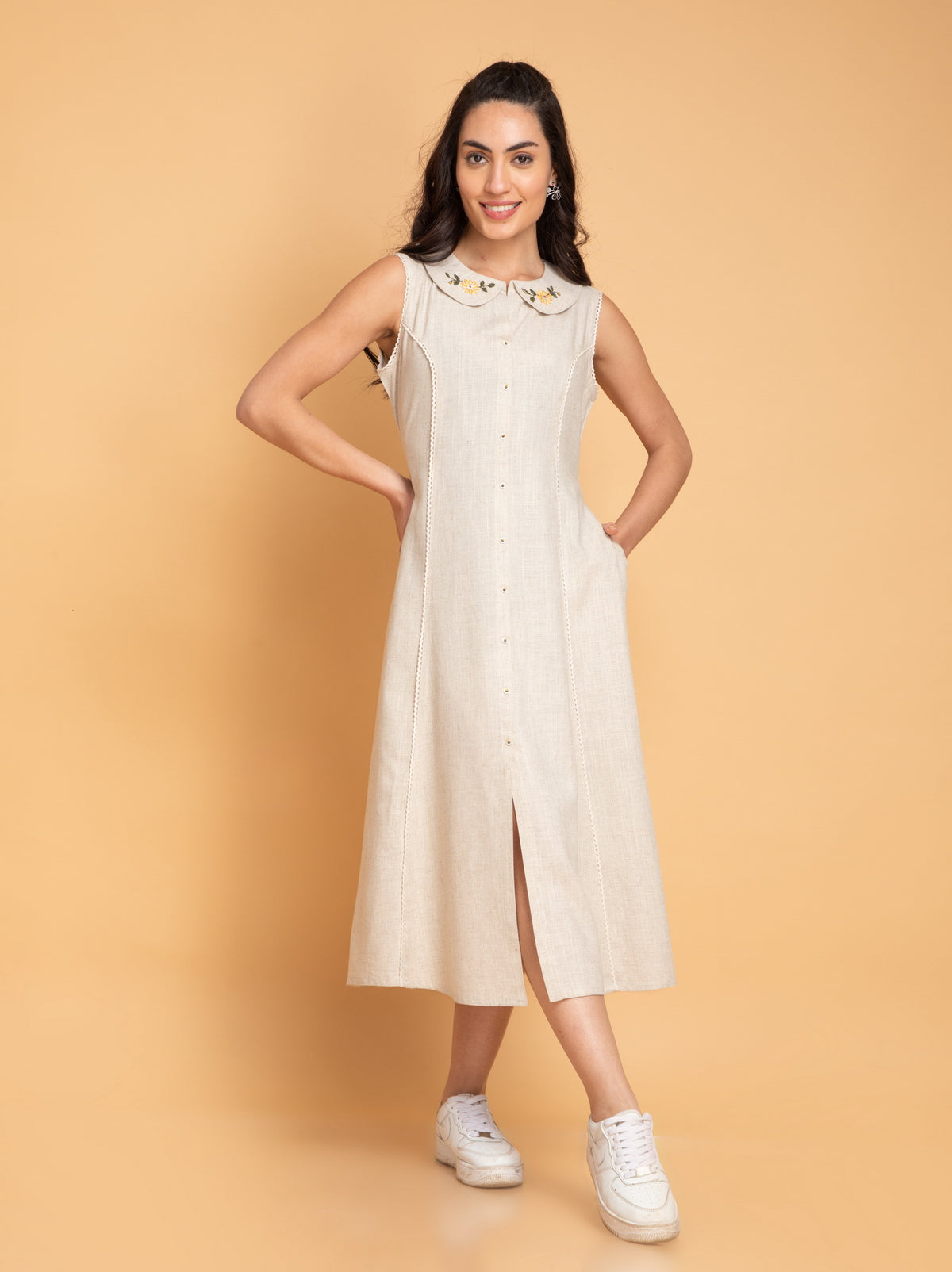 Handcrafted Long P-Line Tunic Dress with Peter Pan Collar