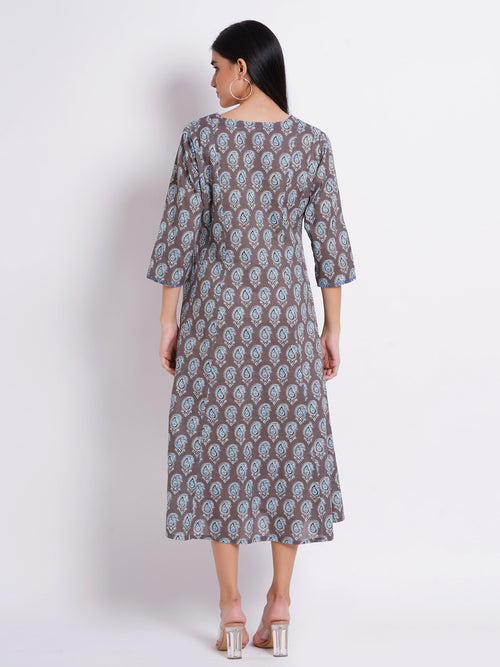 Printed Flared Long Kurti with Handcrafted Embellishments