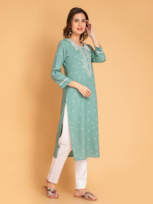 Viscose Blend Embroidered Straight Long Kurti