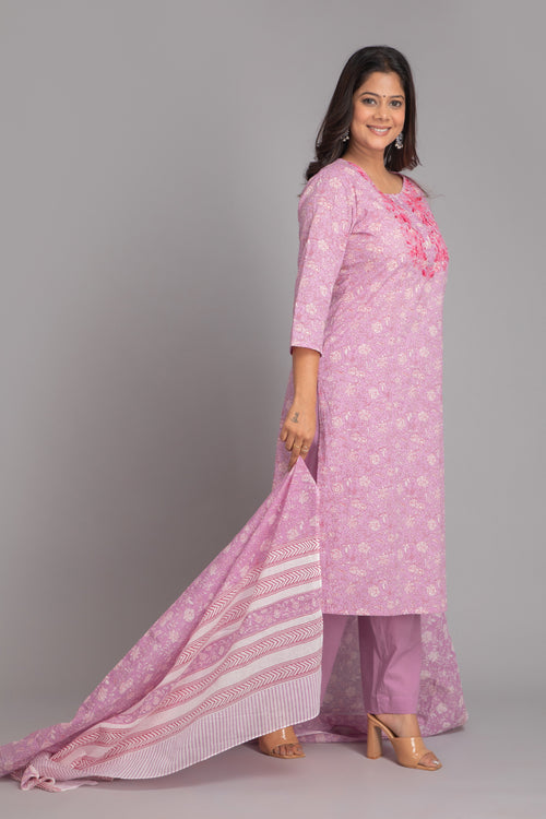 Mul Cotton 3-Piece Kurta Set with Beautiful Embroidery