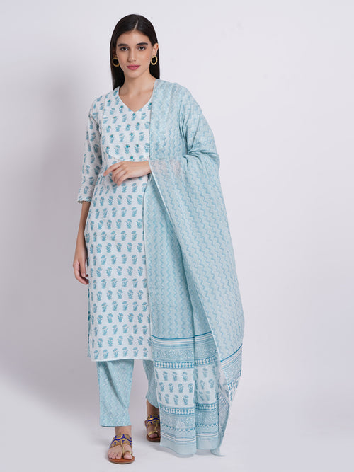 Hand Printed 3-Piece Kurta Set with Sequined Mirror Work