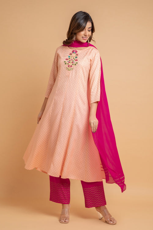 GOLD PRINTED EMBROIDERED LONG KURTI WITH PANT AND DUPATTA