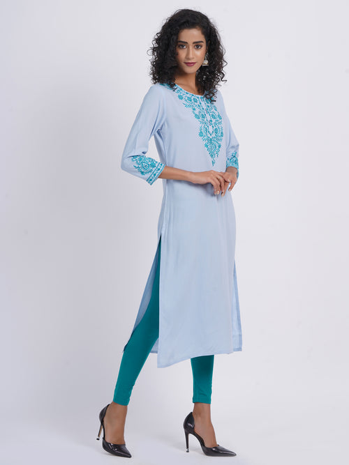 Chikankari Embroidered Rayon Long Kurti with Craft Buttons