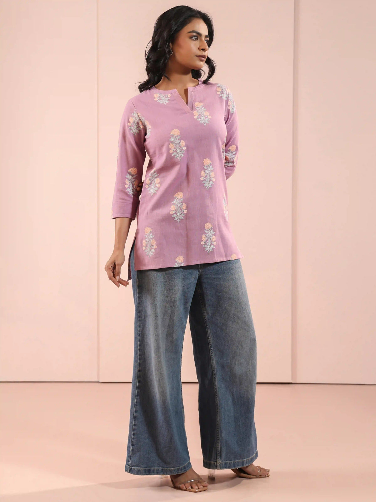 Women Mauve linen-blend-short-top-embellished-with-had-craft-details