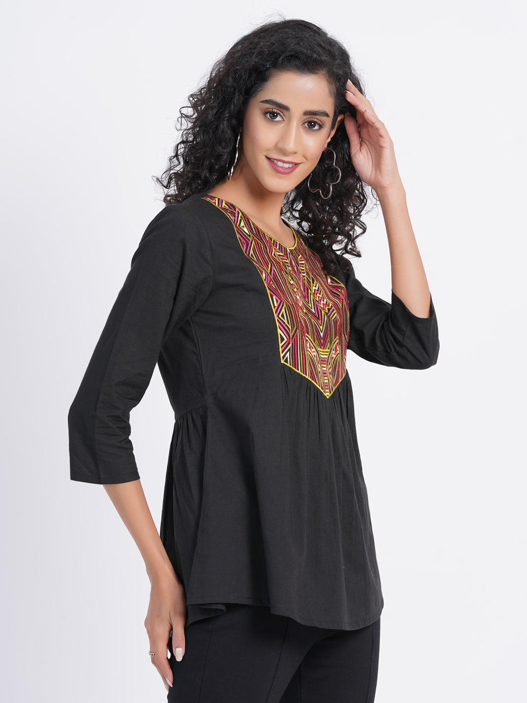 Flared Short Top with Multicolor Geometric Embroidery on Yoke